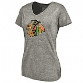 Women's Chicago Blackhawks Distressed Team Logo Tri Blend V Neck T-Shirt Ash FengYun